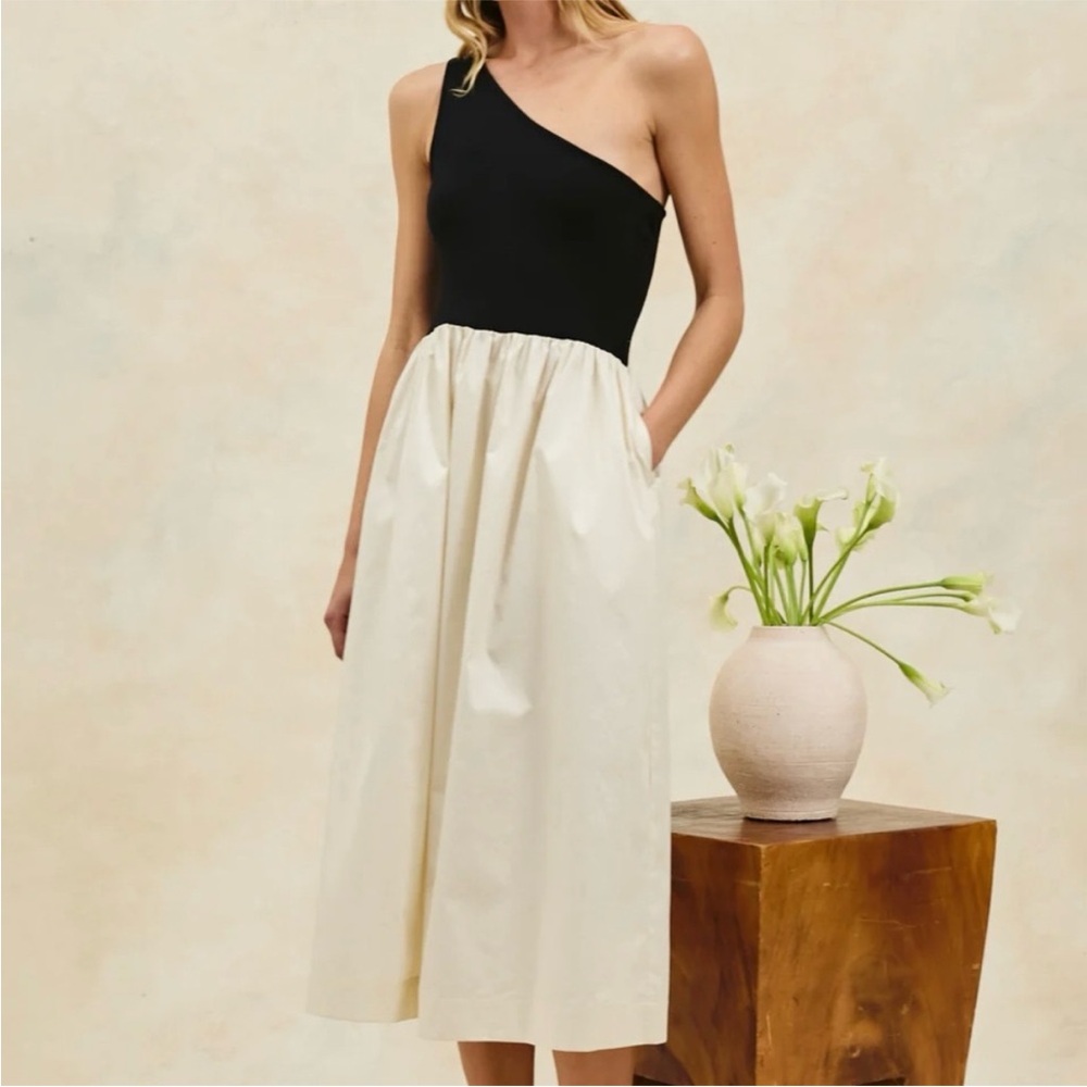 RAILS Women’s LARGE Anita Dress Colorblock Black Ivory One Shoulder Ribbed CP25